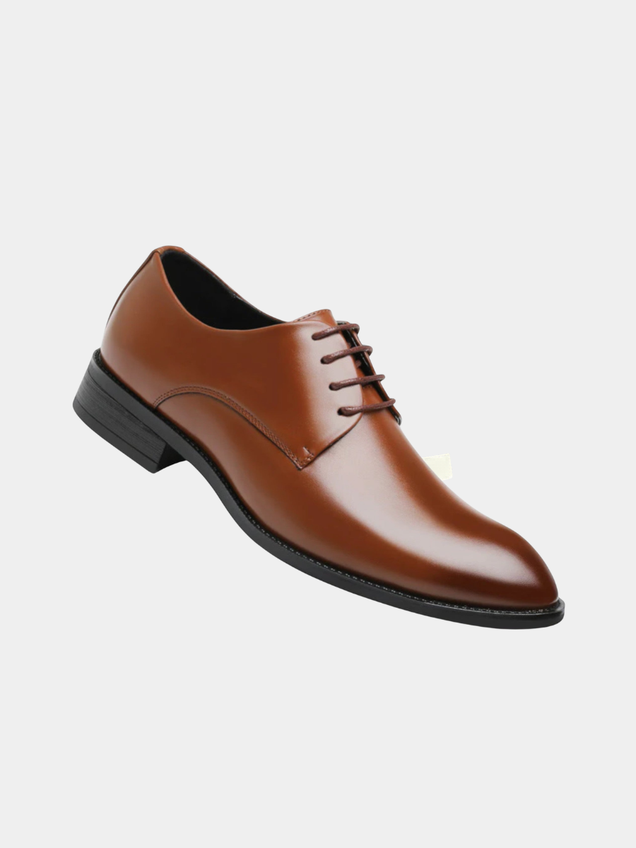 Tan brown leather lace-up derby shoe with pointed toe and stacked heel