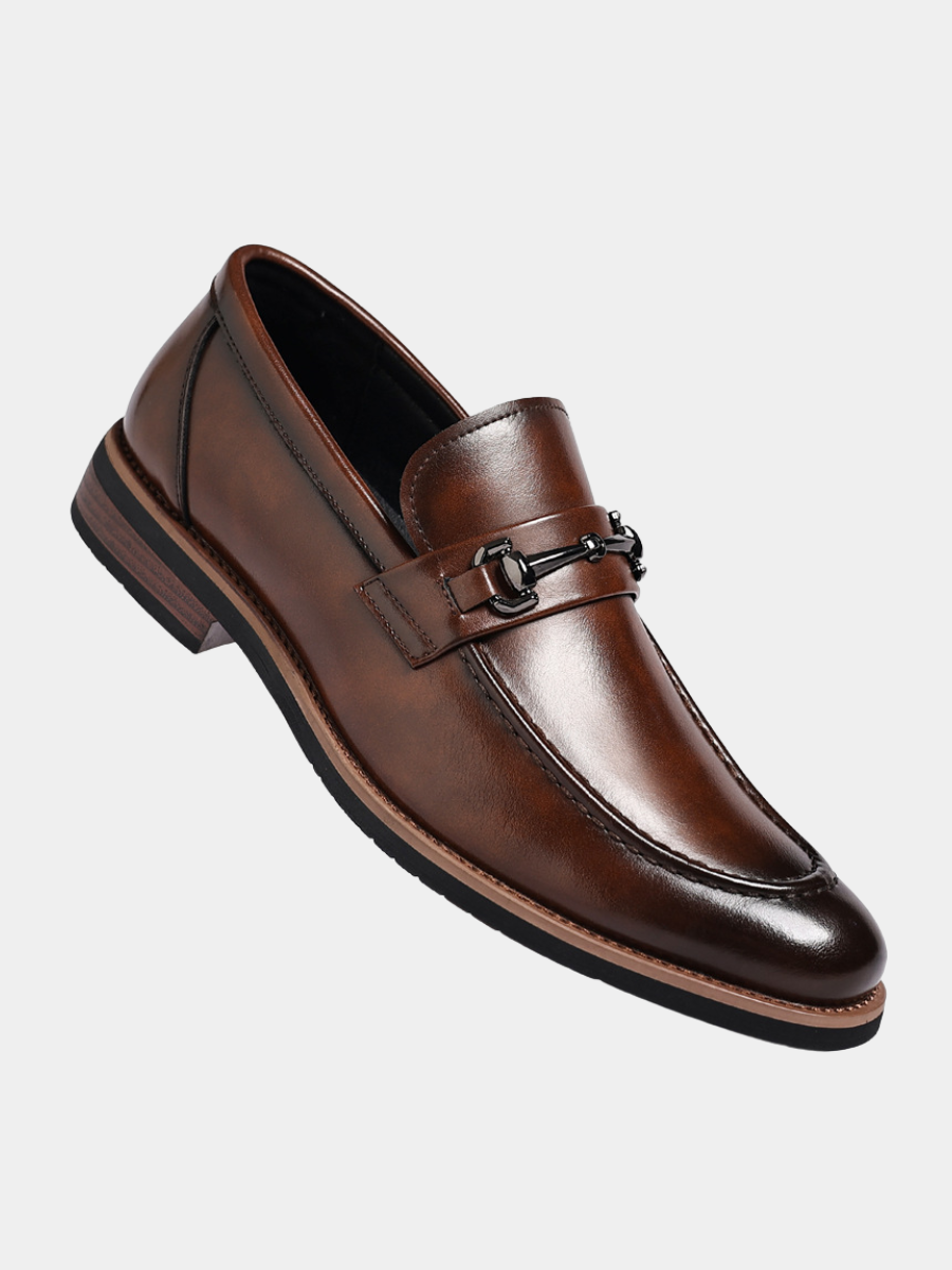 Brown leather men's loafer with polished horsebit buckle detail