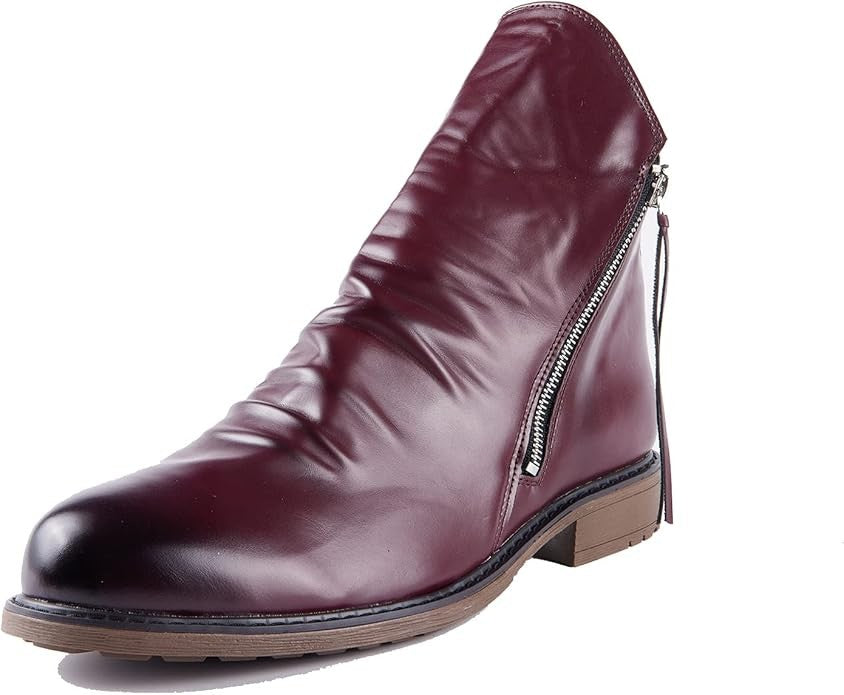 Burgundy leather ankle boot with side zip and ruched vamp detail