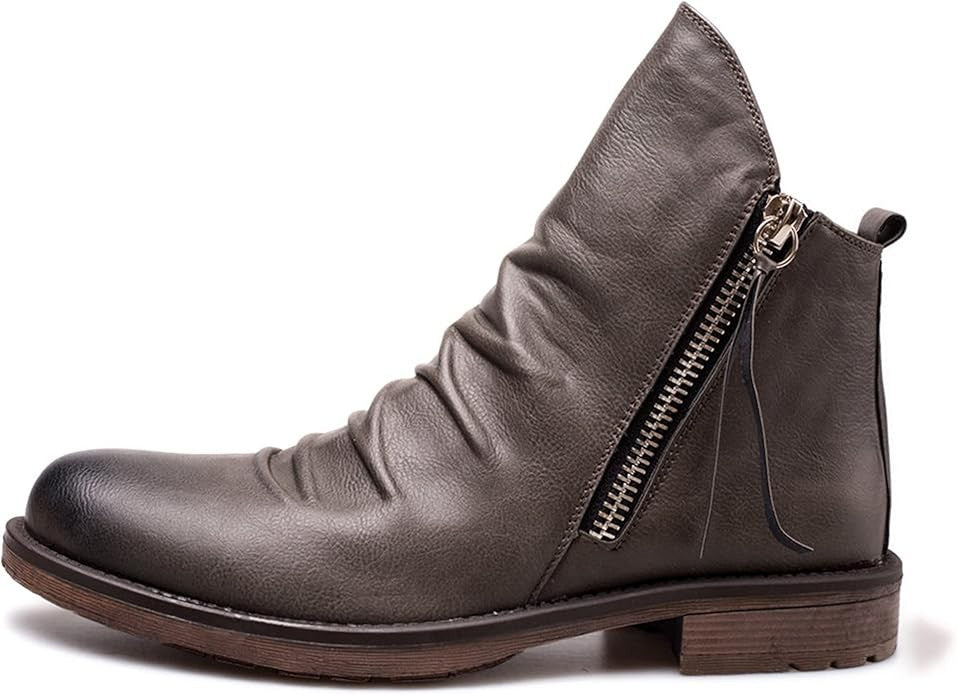 Grey faux-leather slouch boot with side zip and stacked heel