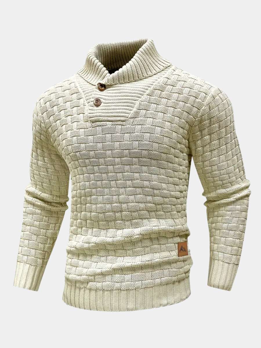 Cream basketweave knit jumper with shawl collar and button detail