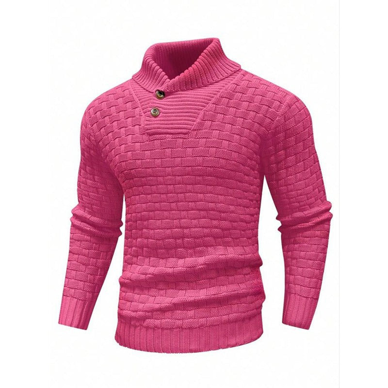 Hot pink knitted jumper featuring shawl collar and button detail
