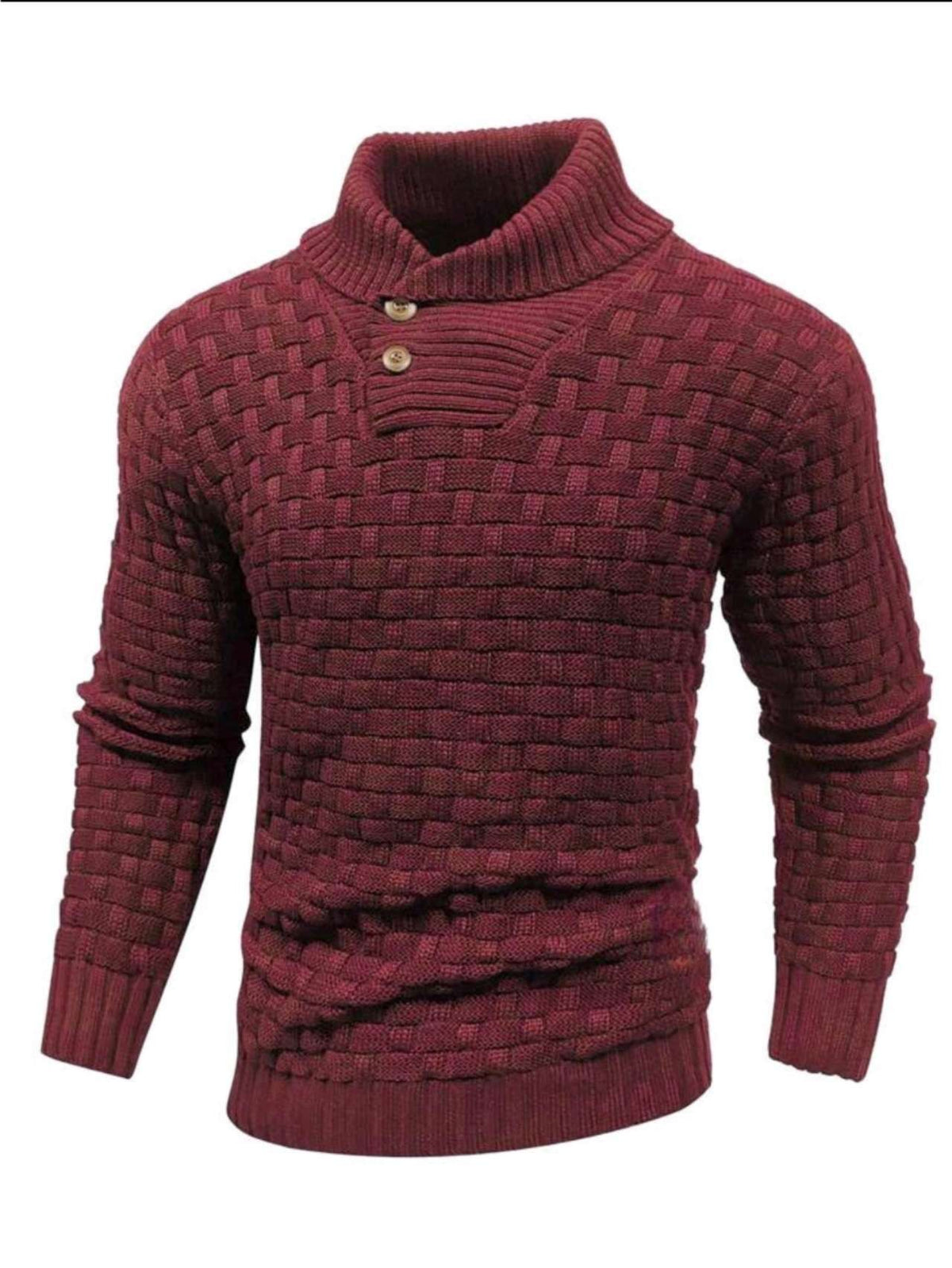 Burgundy marled knit jumper with shawl collar and buttons