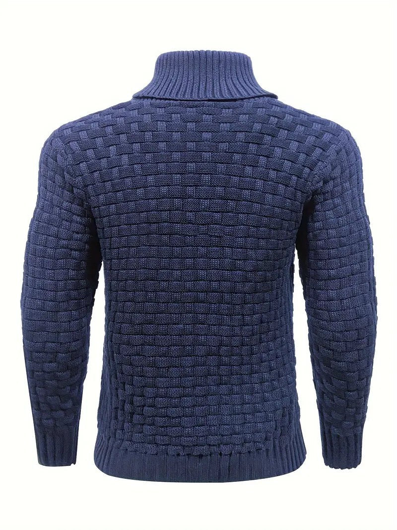 Navy knitted jumper rear view showing basketweave texture