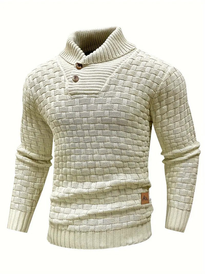 Ivory chunky knit jumper featuring shawl collar and two-button placket