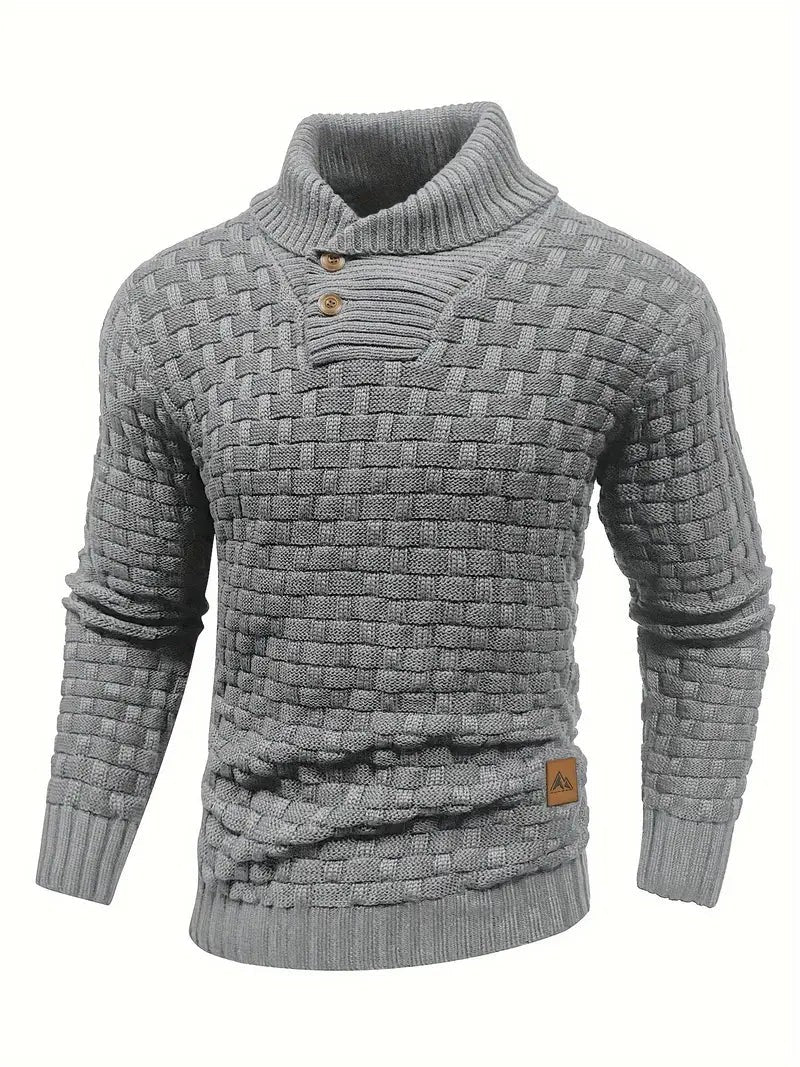 Grey textured knit jumper with shawl collar and wooden buttons