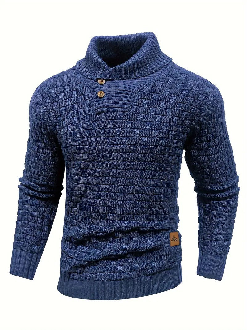 Navy chunky knit jumper with shawl collar and button trim