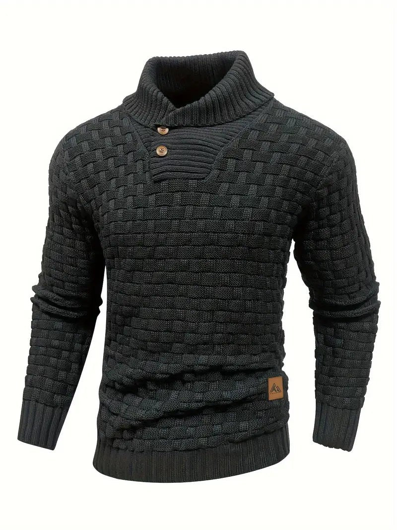 Charcoal grey knitted jumper with shawl collar and buttoned neckline