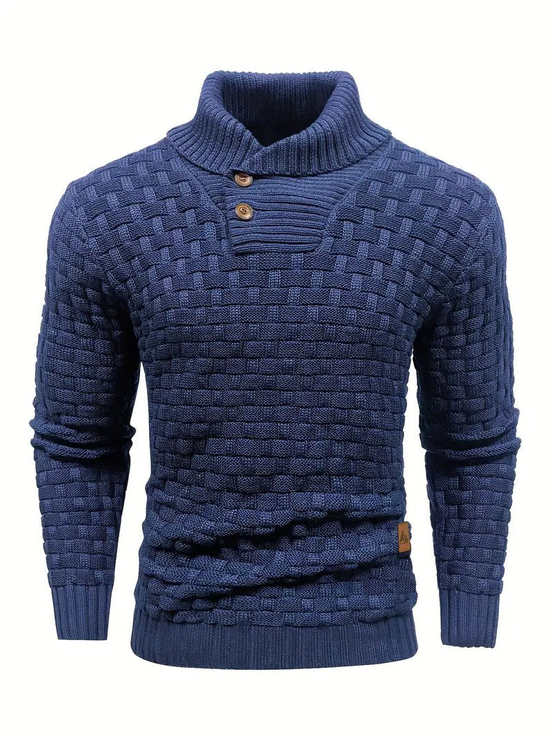 Denim blue textured knit jumper with shawl collar detail