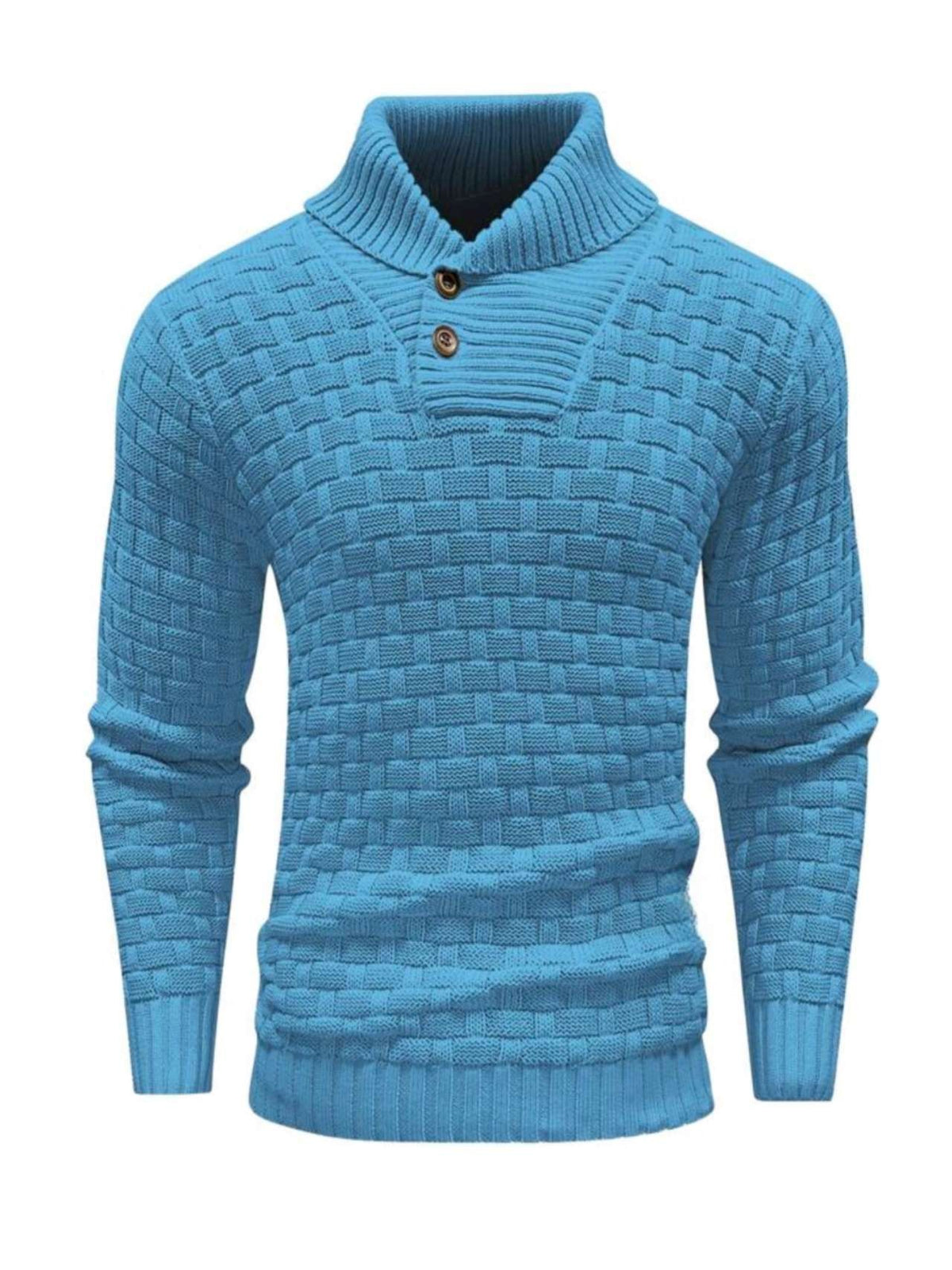 Sky blue basketweave jumper with shawl collar and buttons