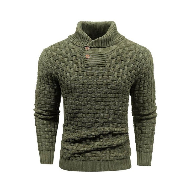 Olive green knitted jumper with shawl collar and wooden buttons