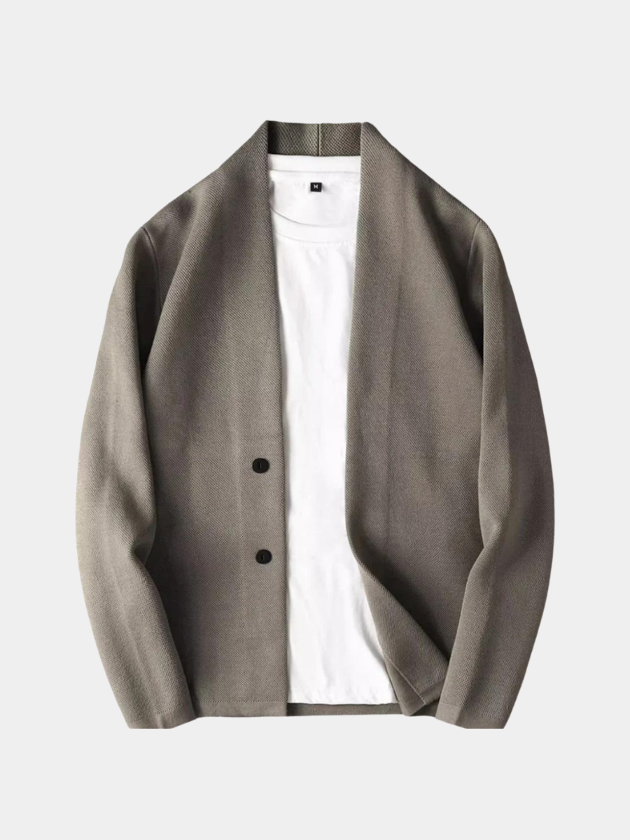 Taupe knitted shawl-collar cardigan with button fastening, worn over white T-shirt