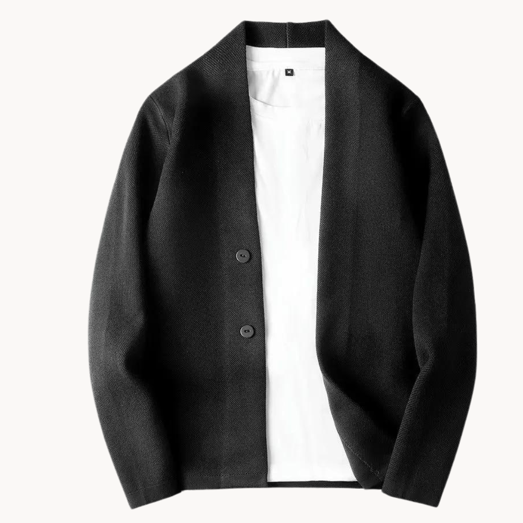 Black knitted shawl-collar cardigan with button-up front over white T-shirt