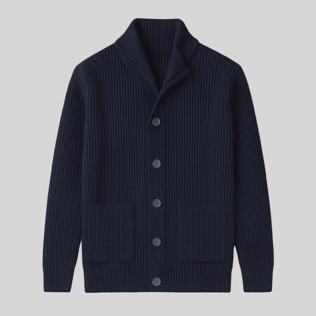Navy ribbed cotton-wool cardigan laid flat, showing shawl collar and buttons