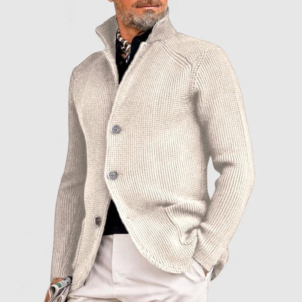 Cream ribbed wool cardigan with stand collar and button fastening