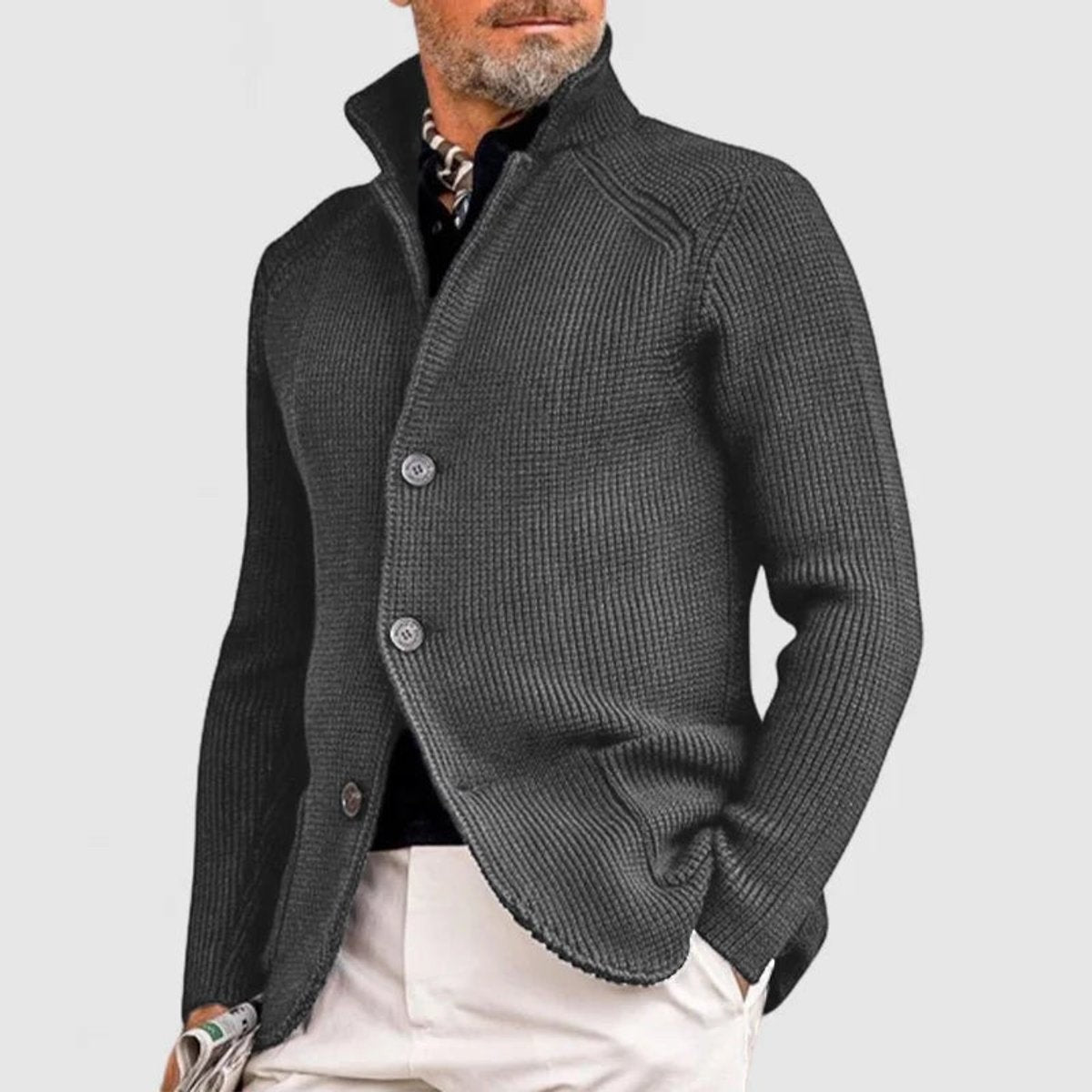 Charcoal grey ribbed knit cardigan with patch pockets and stand collar