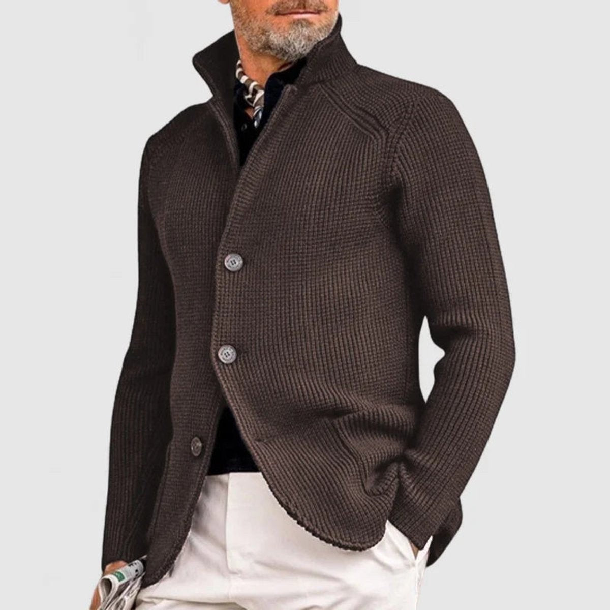 Brown ribbed cotton-wool cardigan with button-front fastening, men's knitwear