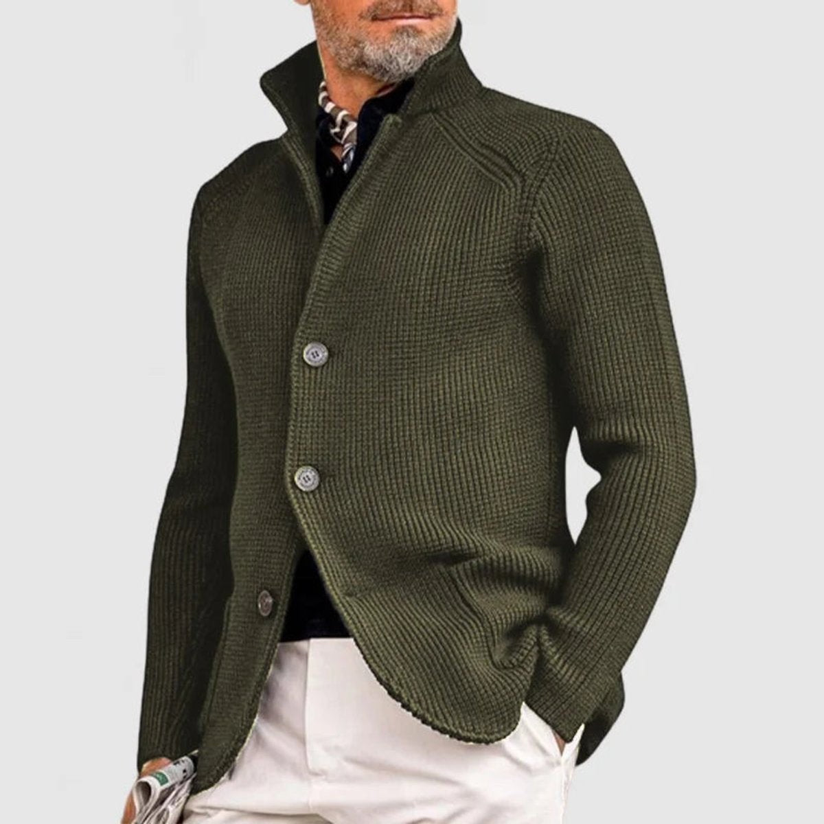 Olive green ribbed knit cardigan with shawl collar, worn casually