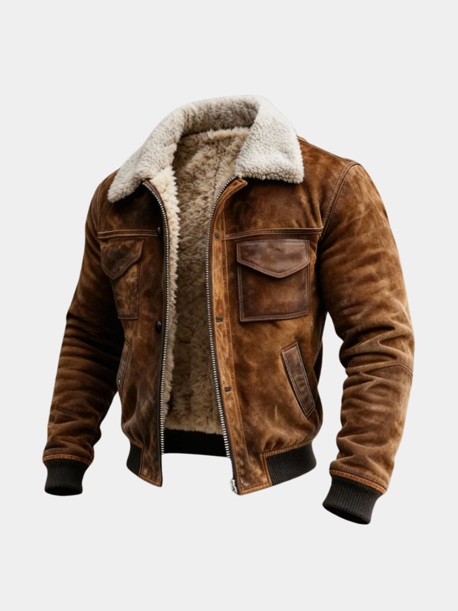 Men's tan suede sherpa-lined jacket with shearling collar and ribbed cuffs