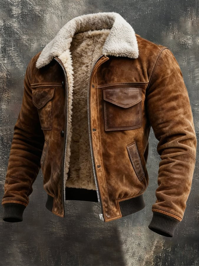 Brown suede aviator jacket featuring cosy shearling lining and patch pockets