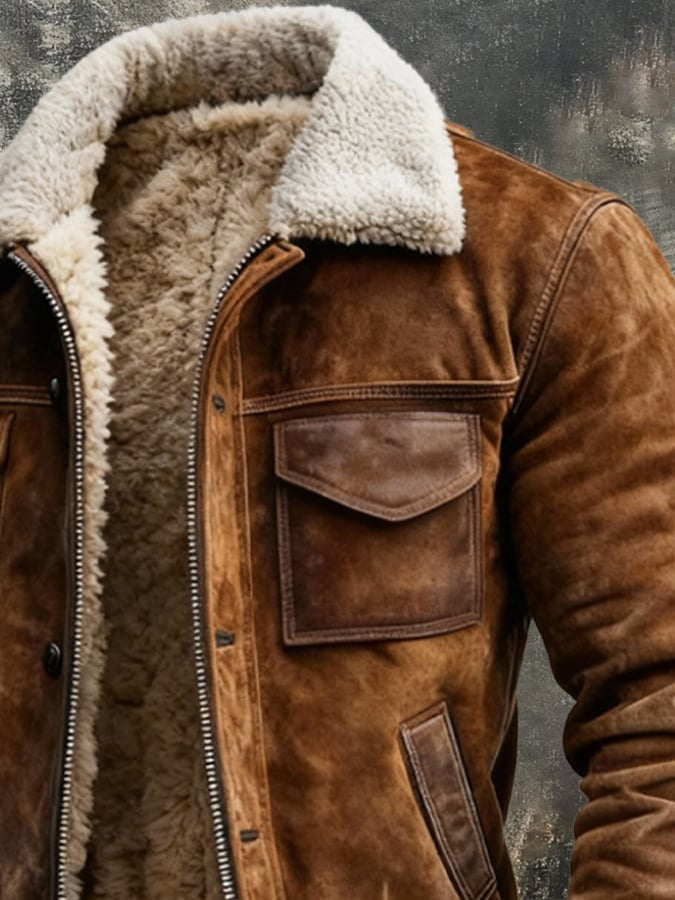 Close-up of shearling collar and leather patch pocket on suede jacket