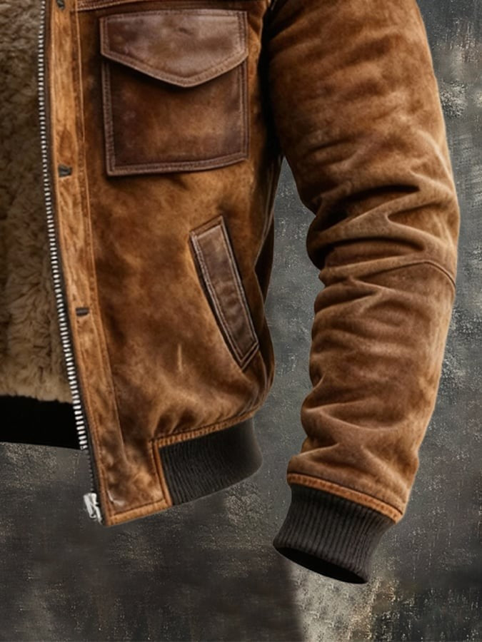 Detail shot of ribbed cuff and stitched pocket on tan suede jacket