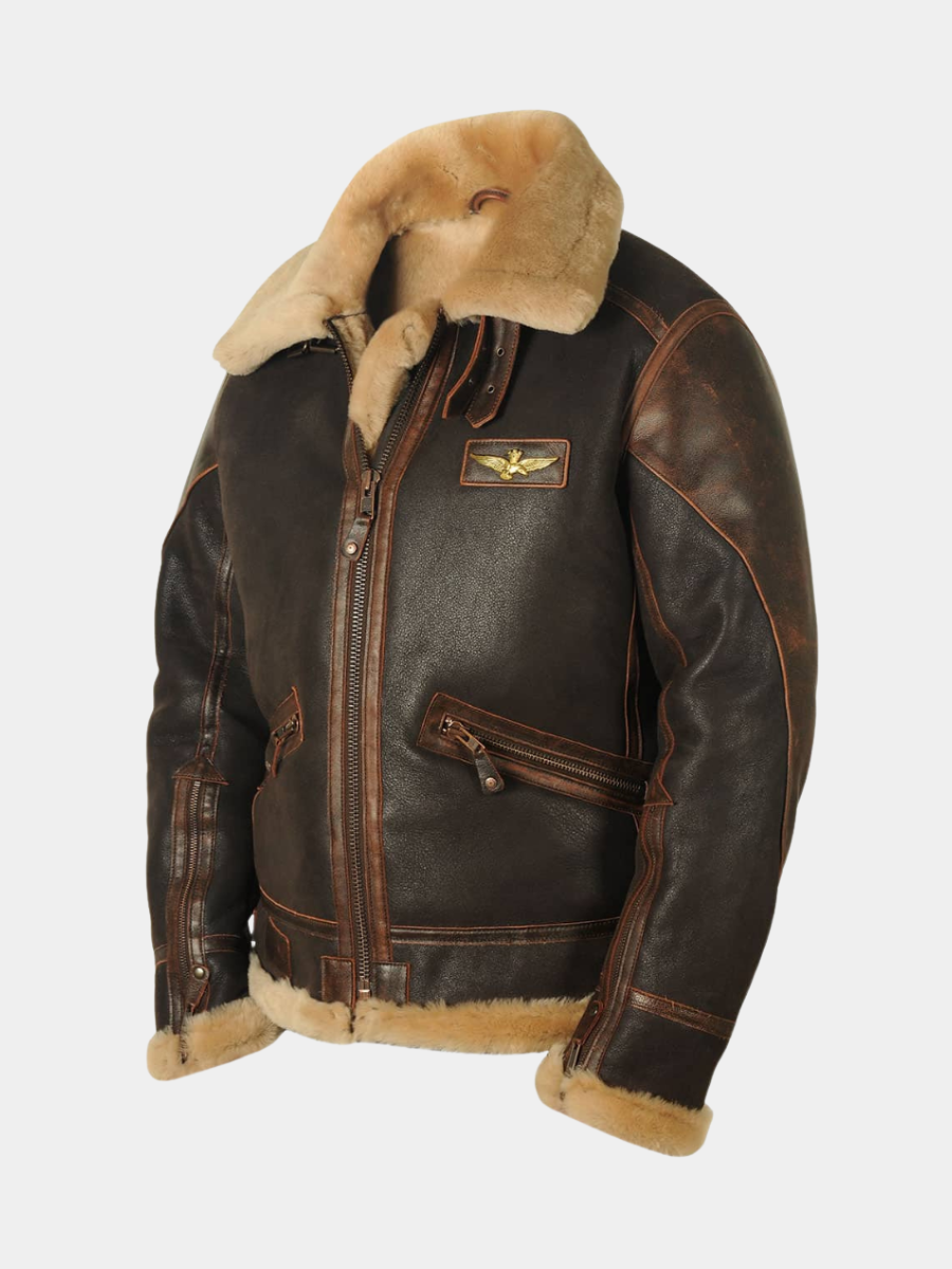 Distressed brown leather pilot jacket with cream shearling collar and gold eagle badge