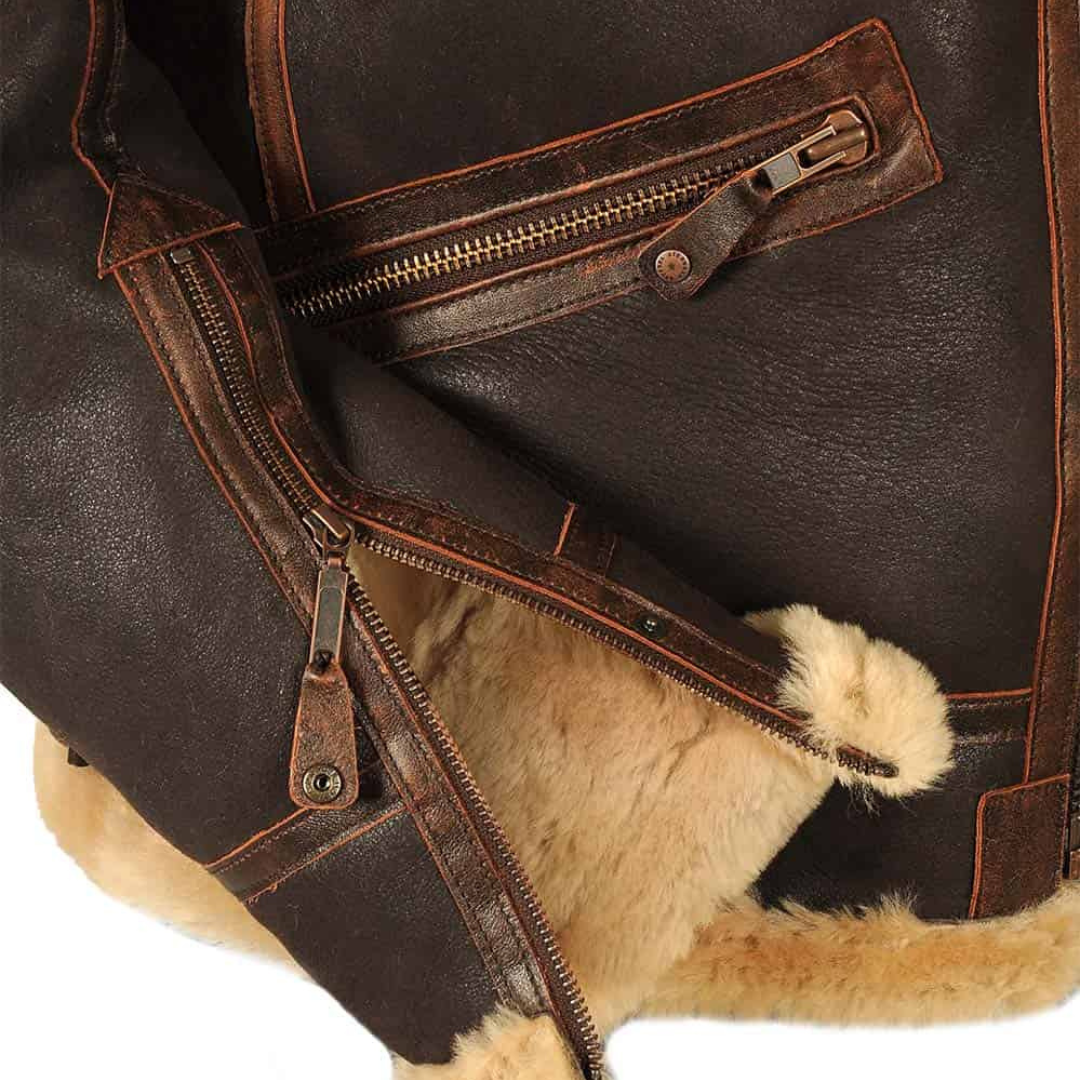 Close-up of double zip fastening with fur trim on brown leather jacket