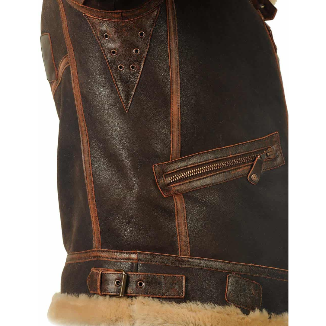 Front panel detail showing stitched seams and zip pocket on leather flight jacket