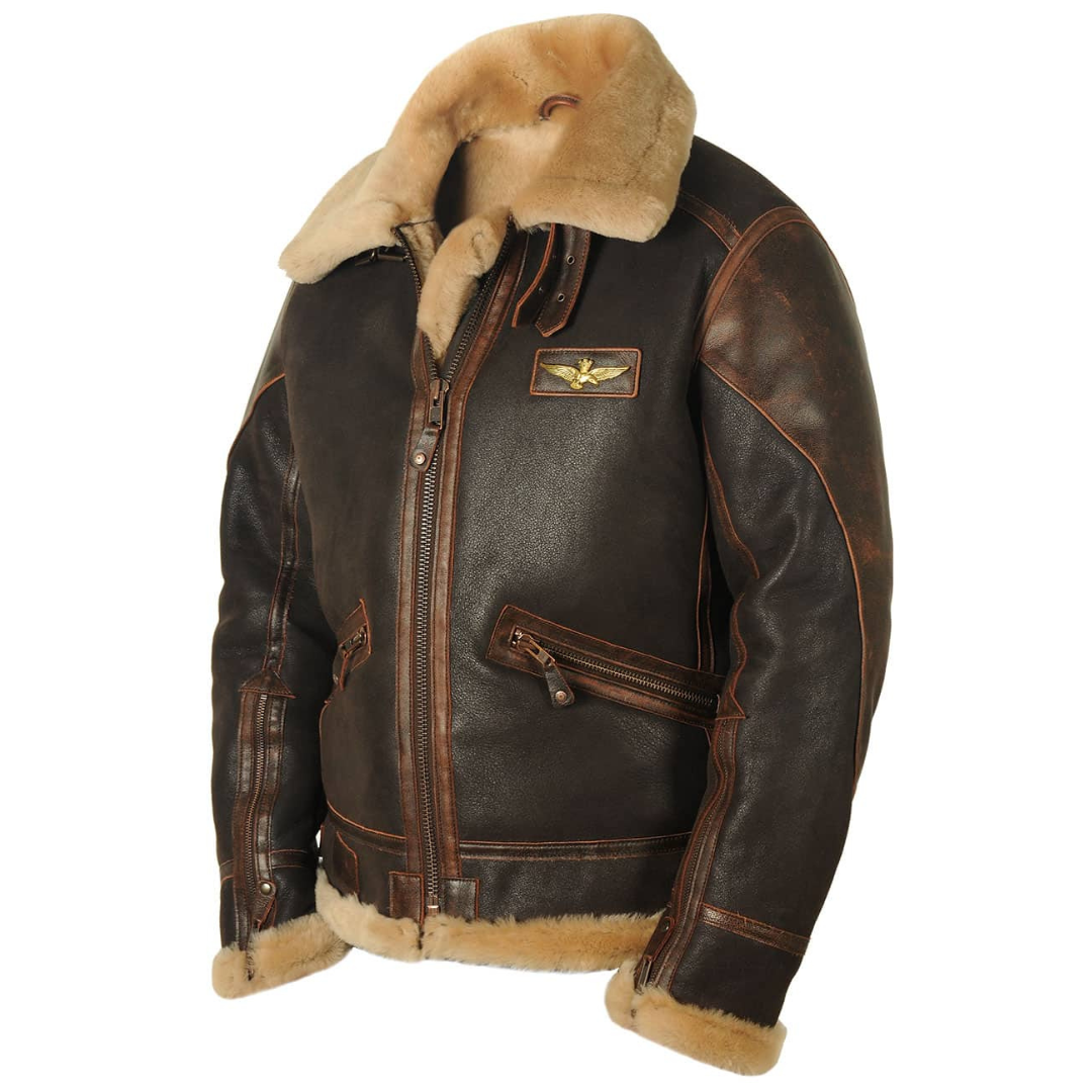 Men's shearling aviator jacket in brown leather with faux fur trim, front angled view