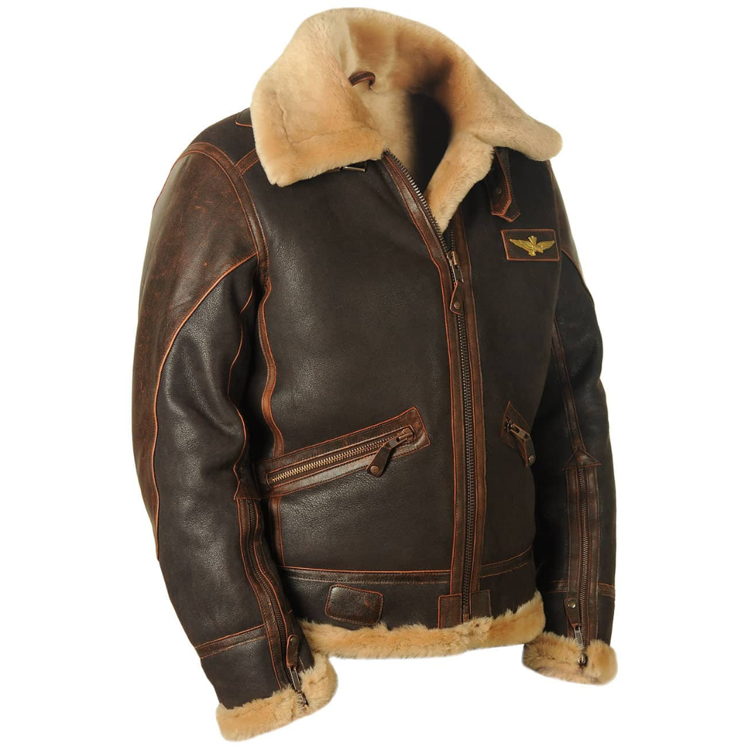 Brown leather flight jacket with sheepskin collar, zip pockets and worn finish