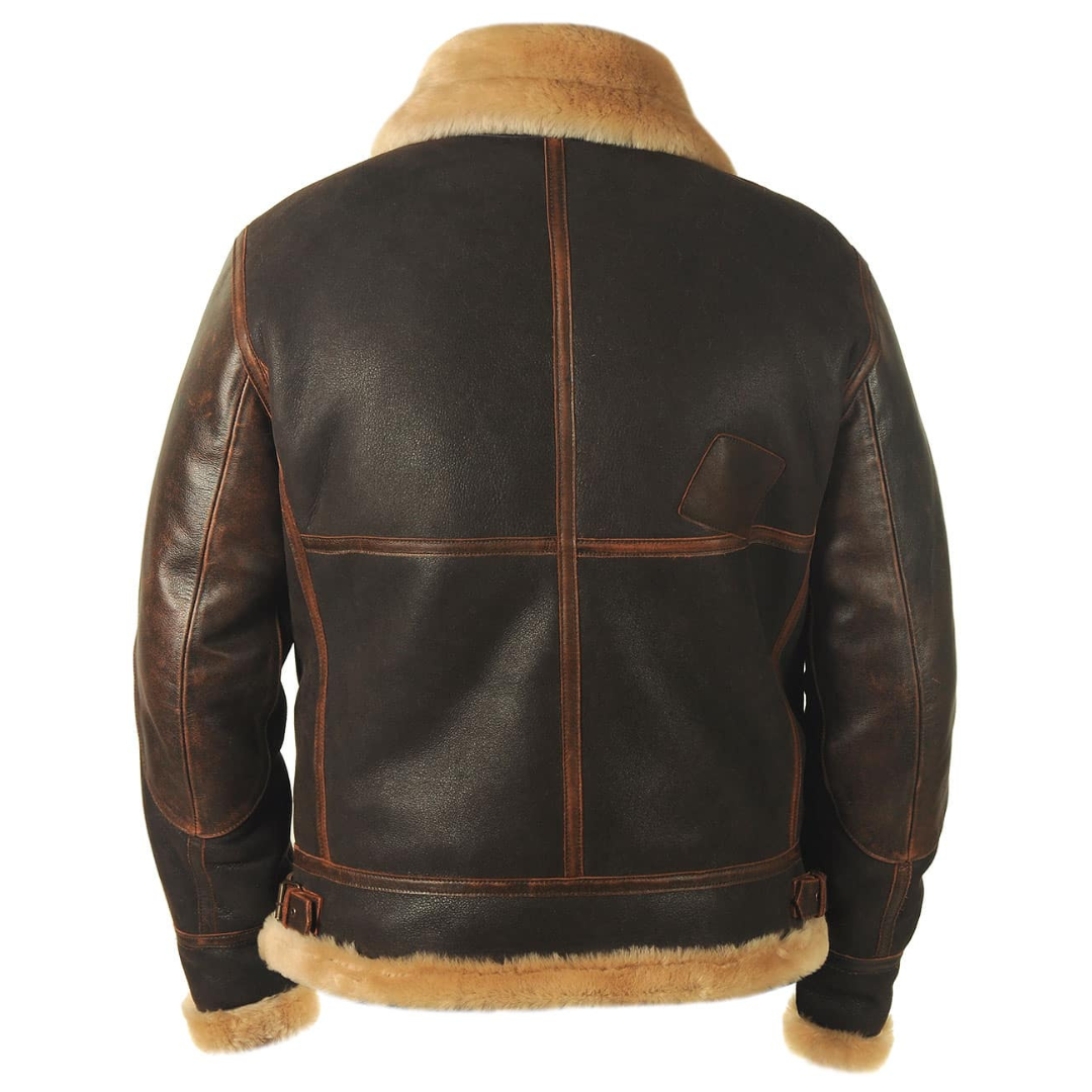 Rear view of brown leather bomber jacket showing seam detail and fur-lined collar