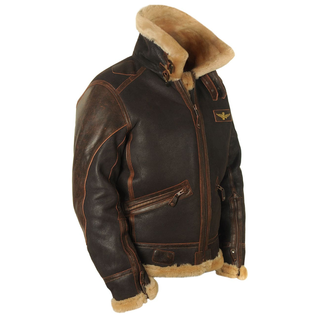 Side profile of men's shearling-lined leather bomber jacket with stand-up collar