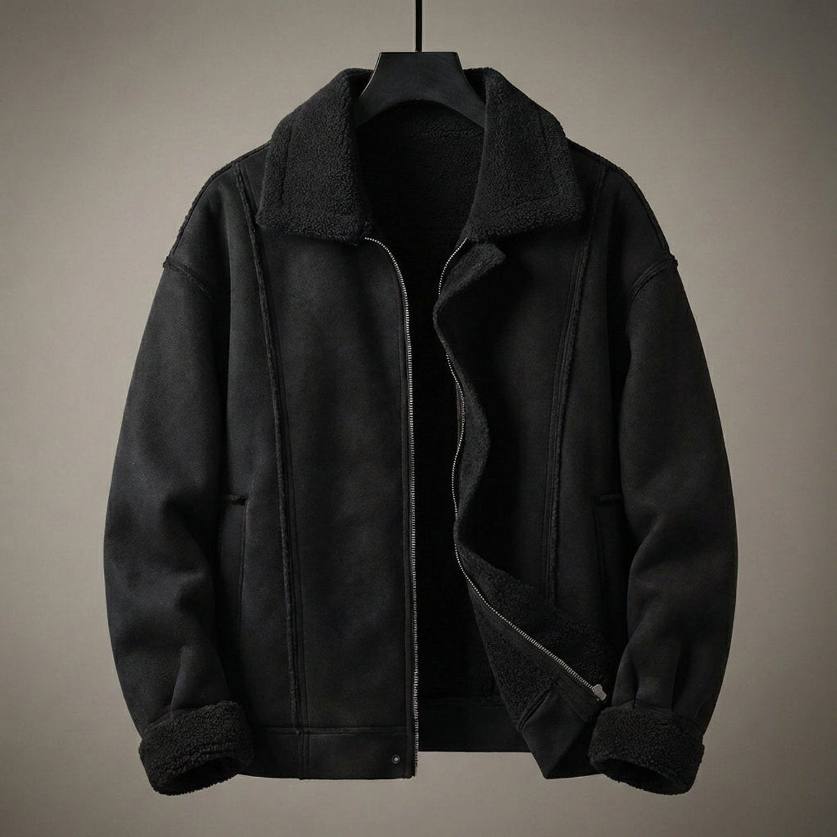 Black suede-effect aviator jacket with faux shearling collar and cuffs, zip fastening