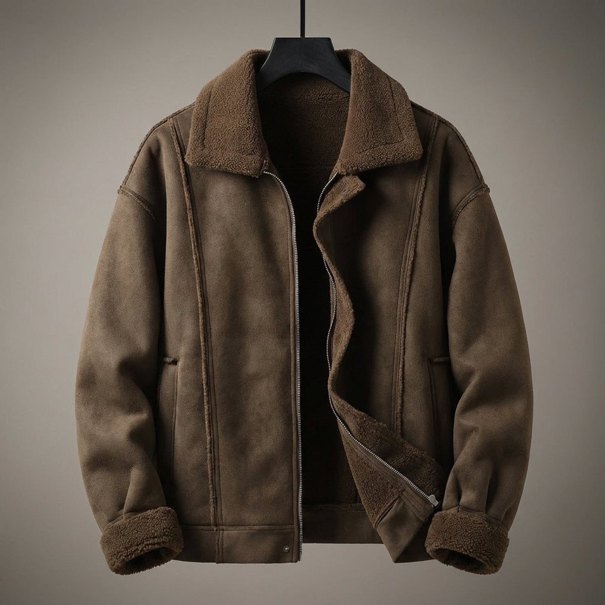Brown suede-effect bomber jacket with faux shearling lining and zip front