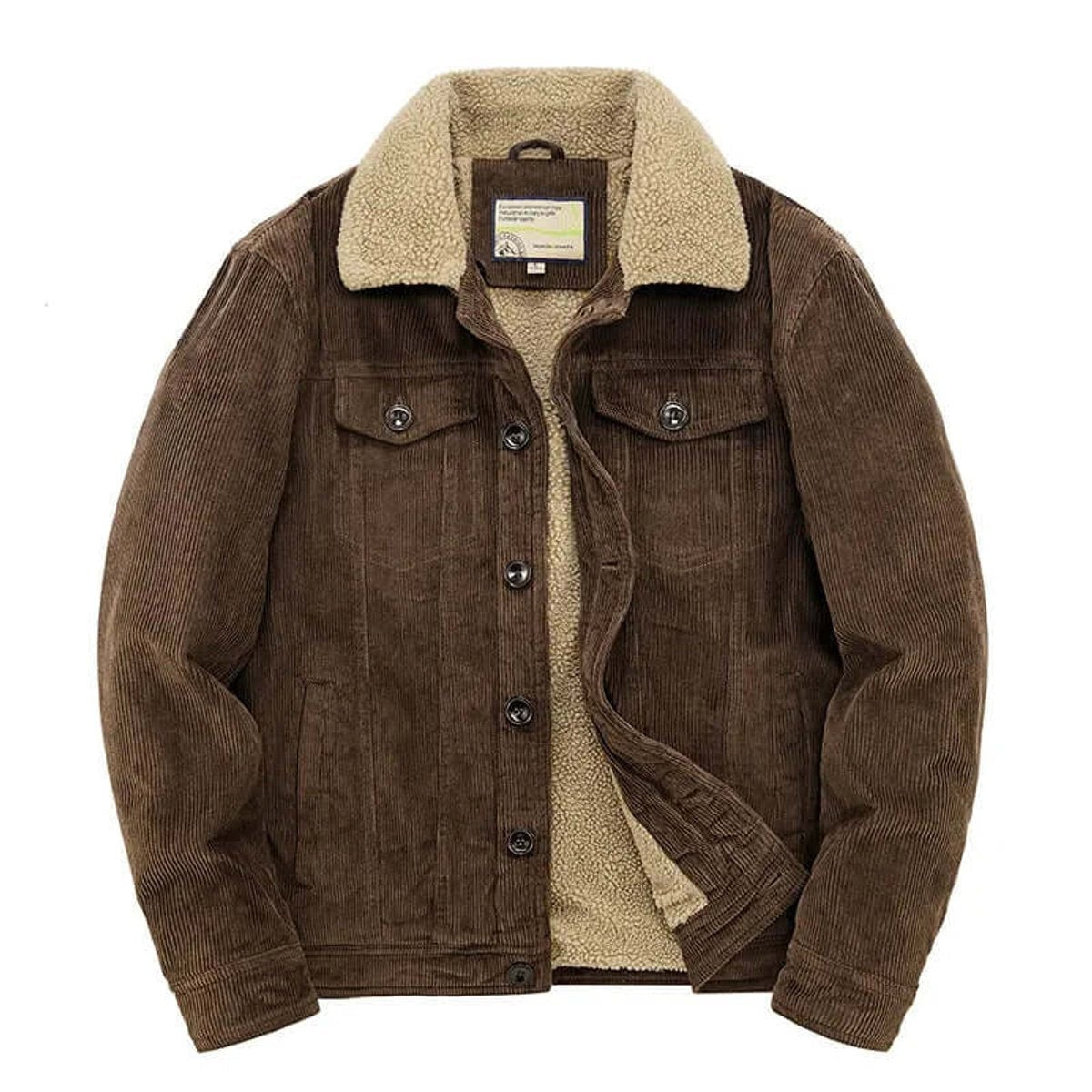 Dark brown corduroy jacket with sherpa collar and button-front fastening