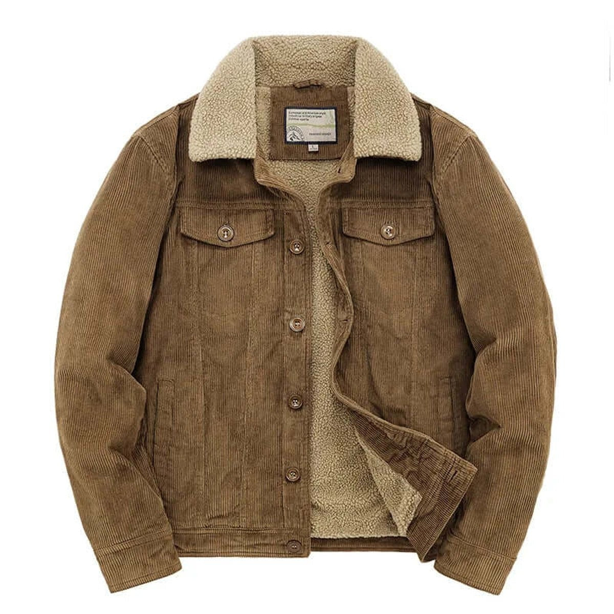 Tan corduroy trucker jacket featuring fleece lining and buttoned chest pockets
