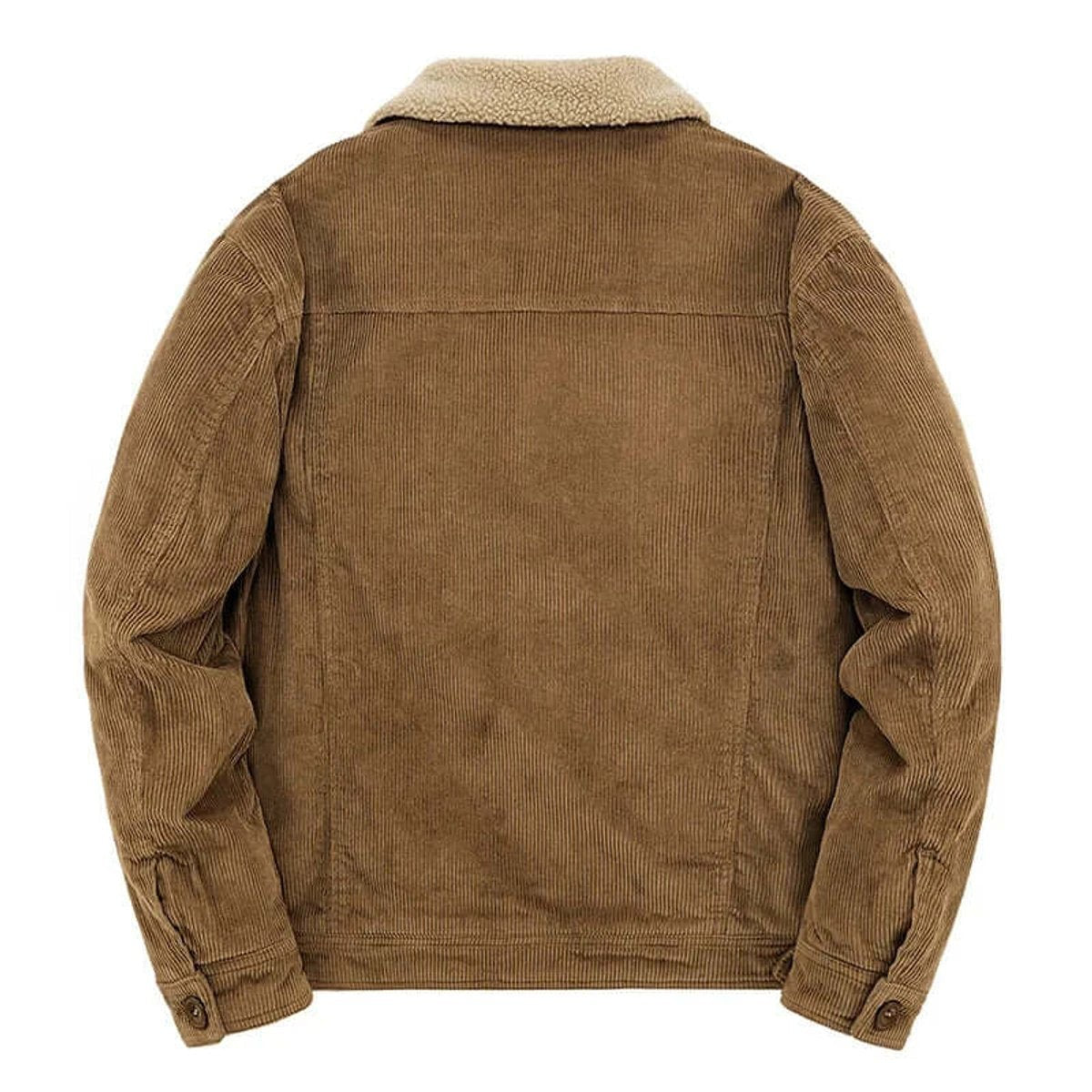 Rear view of khaki corduroy jacket showing ribbed texture and sherpa collar