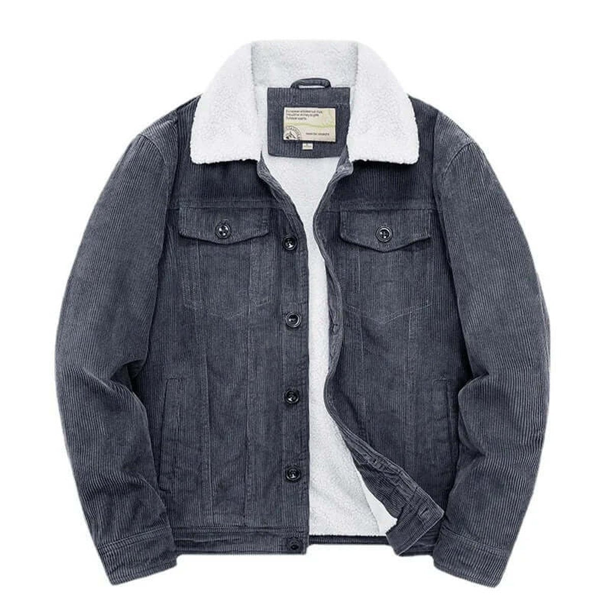 Charcoal grey corduroy jacket with white fleece lining and sherpa collar