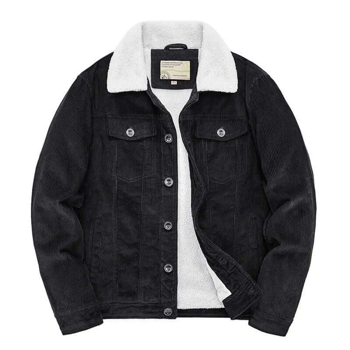 Black corduroy trucker jacket displaying open front with cosy sherpa lining