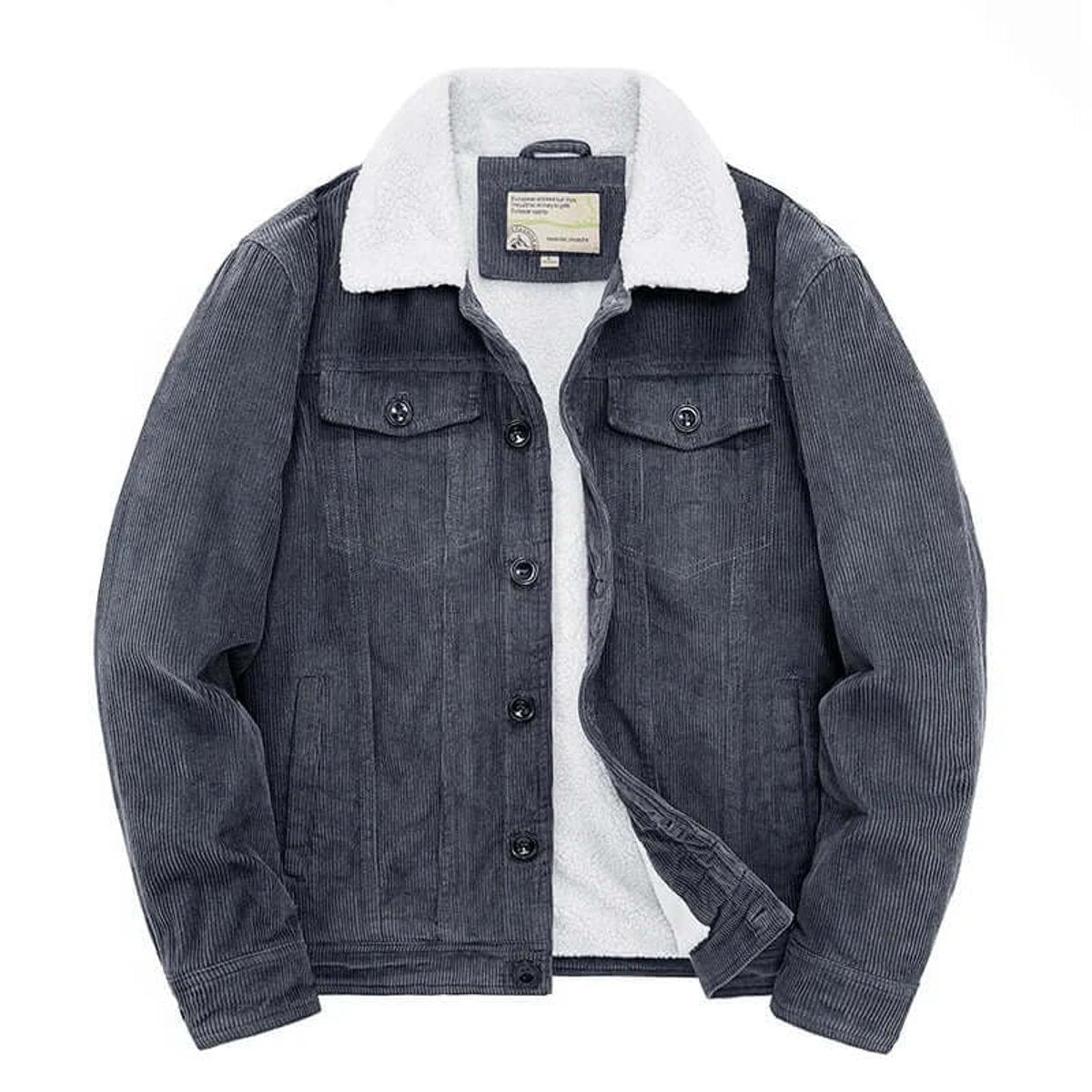 Grey corduroy jacket with contrast white sherpa collar and ribbed sleeves