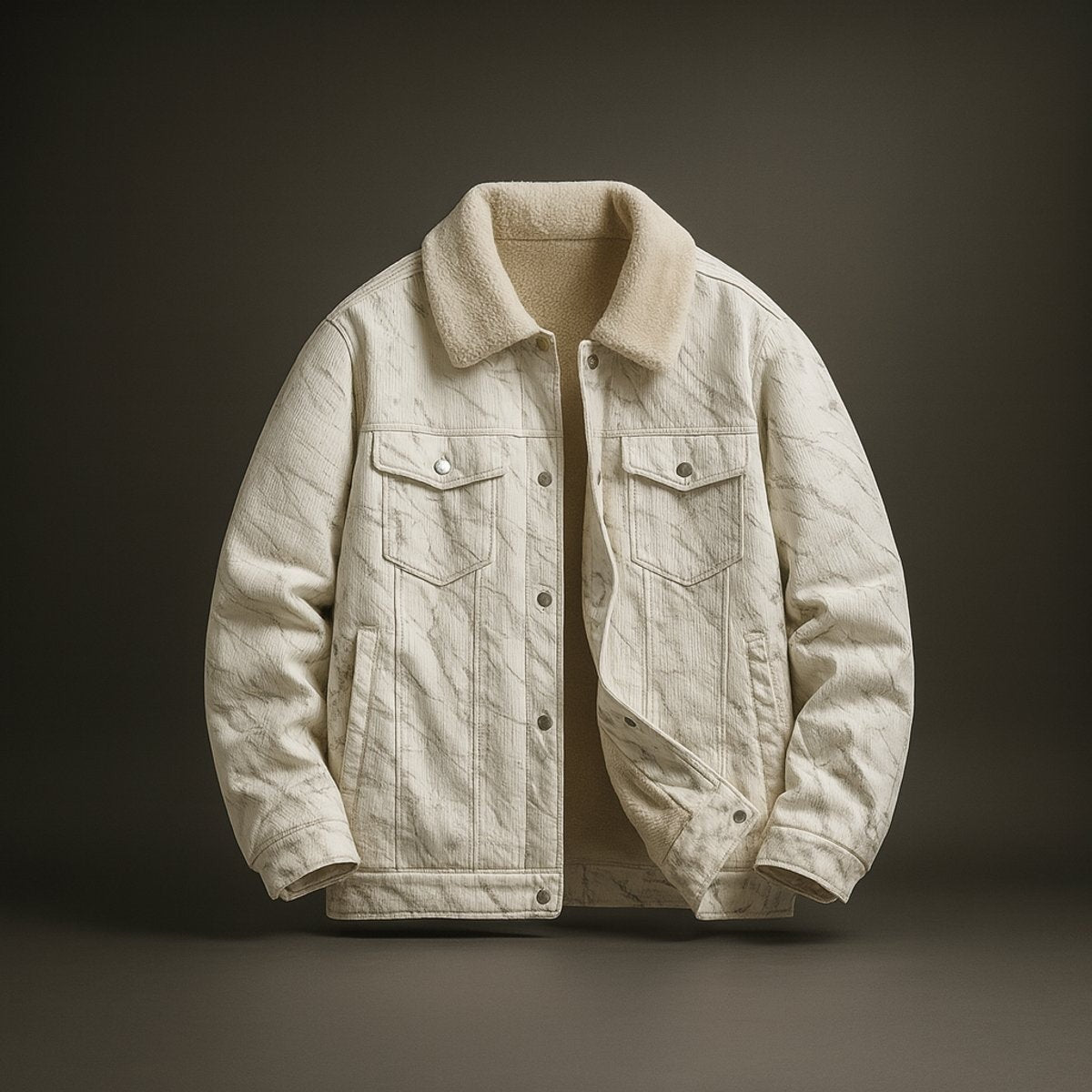 Cream corduroy trucker jacket with sherpa collar and press-stud pockets