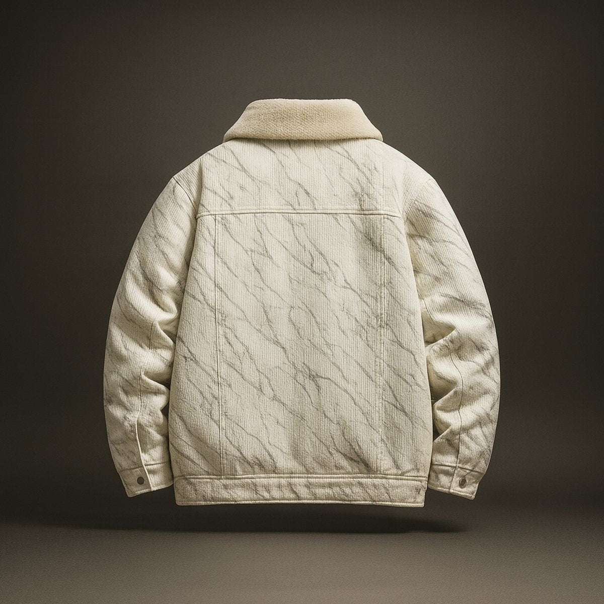 Rear view of cream corduroy trucker jacket showing sherpa collar detail