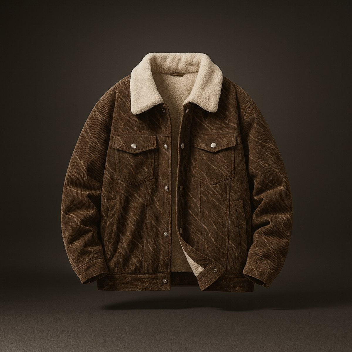 Brown corduroy trucker jacket featuring cream sherpa collar and chest pockets