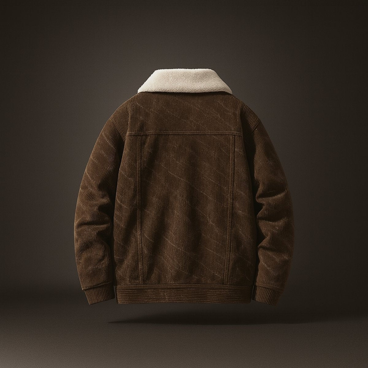 Back view of brown corduroy trucker jacket with contrasting sherpa collar