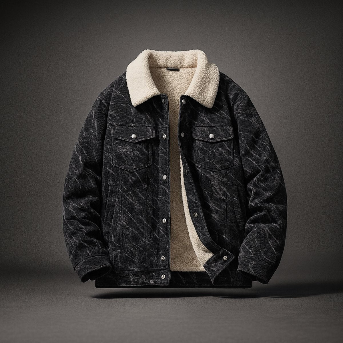 Black marbled corduroy trucker jacket with cream sherpa collar, unbuttoned