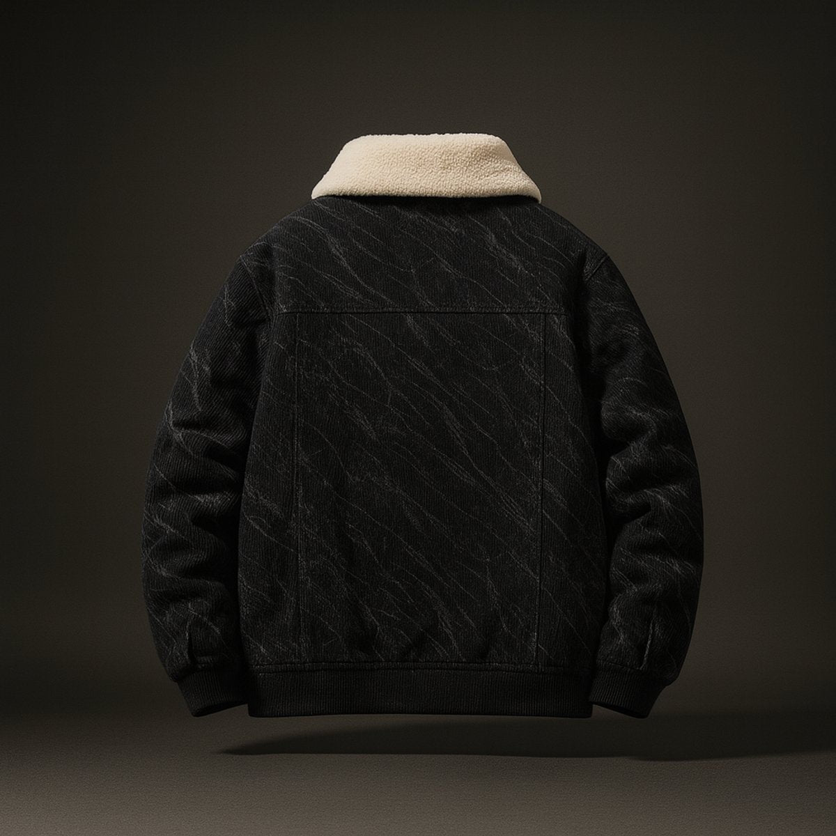 Rear view of black corduroy trucker jacket with cream sherpa collar