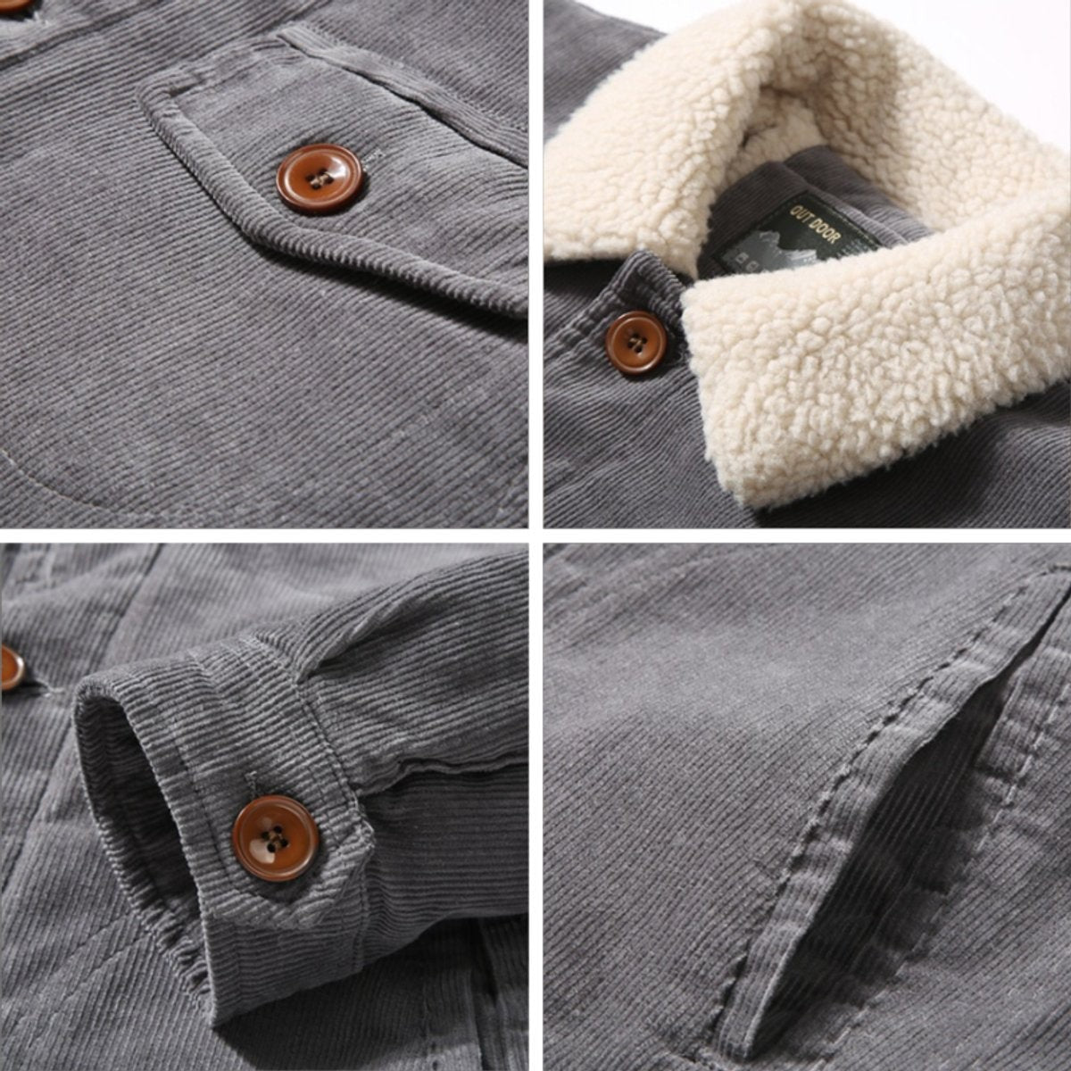 Close-up details of grey corduroy jacket buttons, collar and cuffs