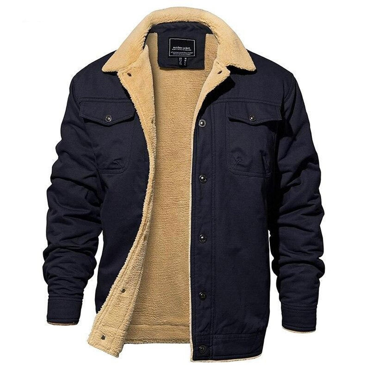 Navy men's sherpa-lined trucker jacket with fleece collar and button pockets