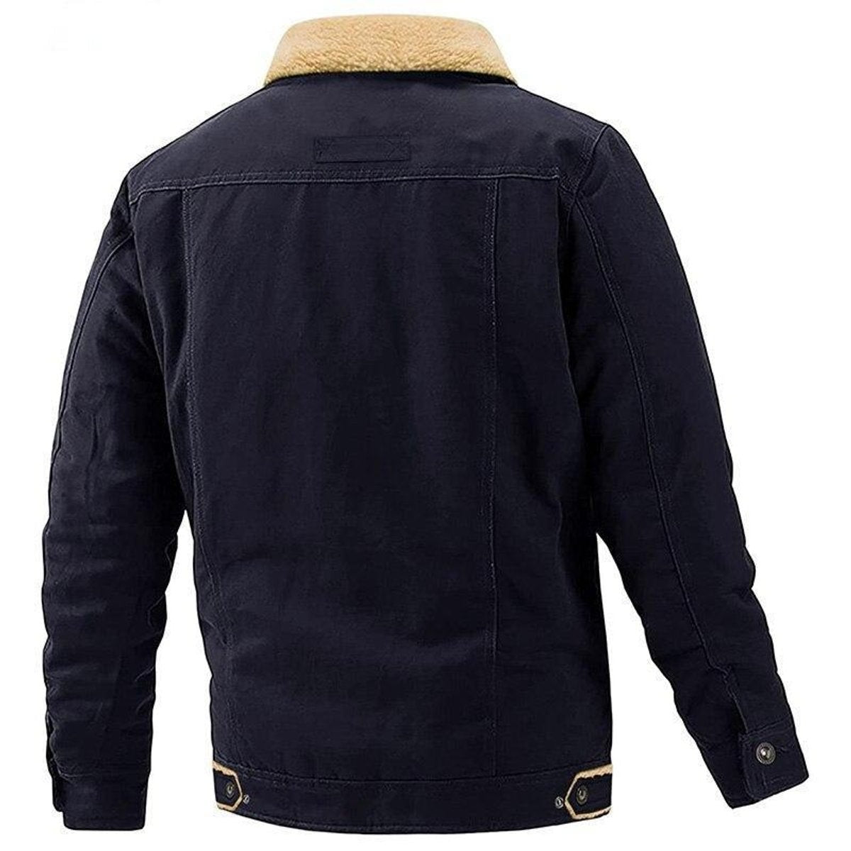 Rear view of navy sherpa-lined bomber jacket showing fleece collar detail